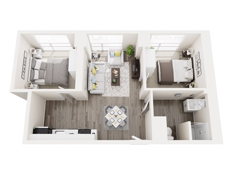 A floor plan of a house with a kitchen, living room, and two bedrooms.